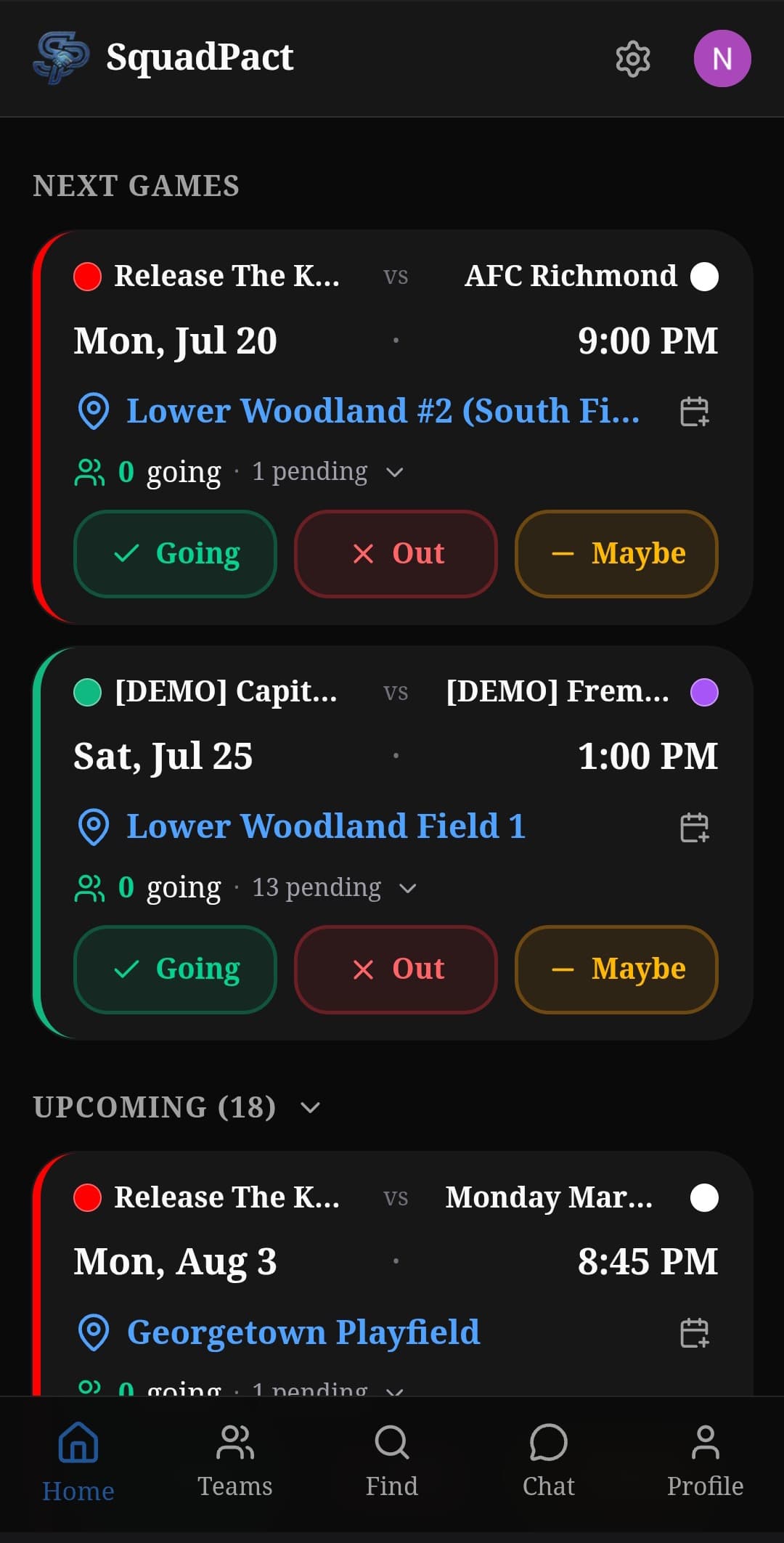 SquadPact home screen showing upcoming games with one-tap RSVP buttons