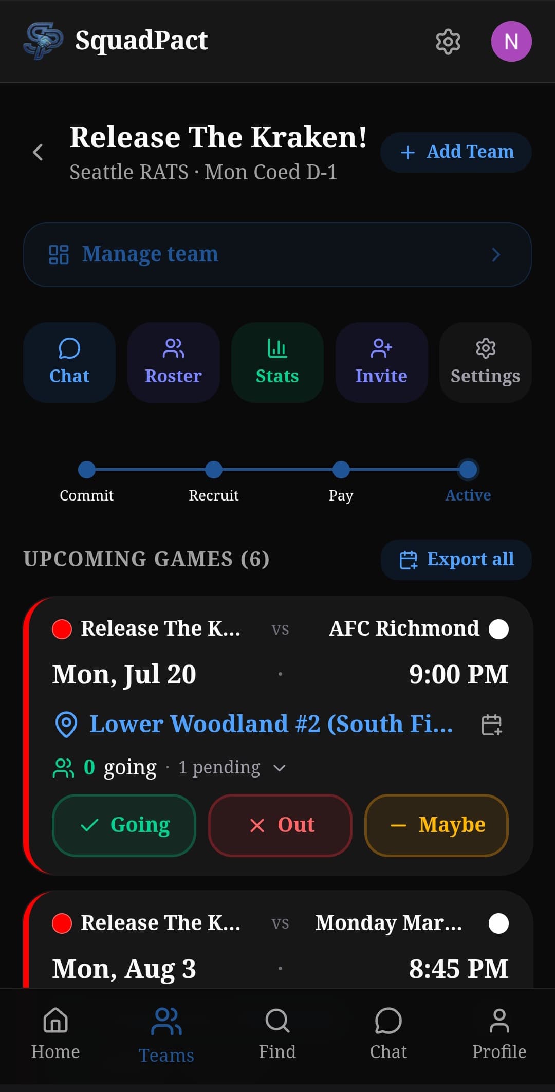 SquadPact team management screen with roster, stats, and season timeline
