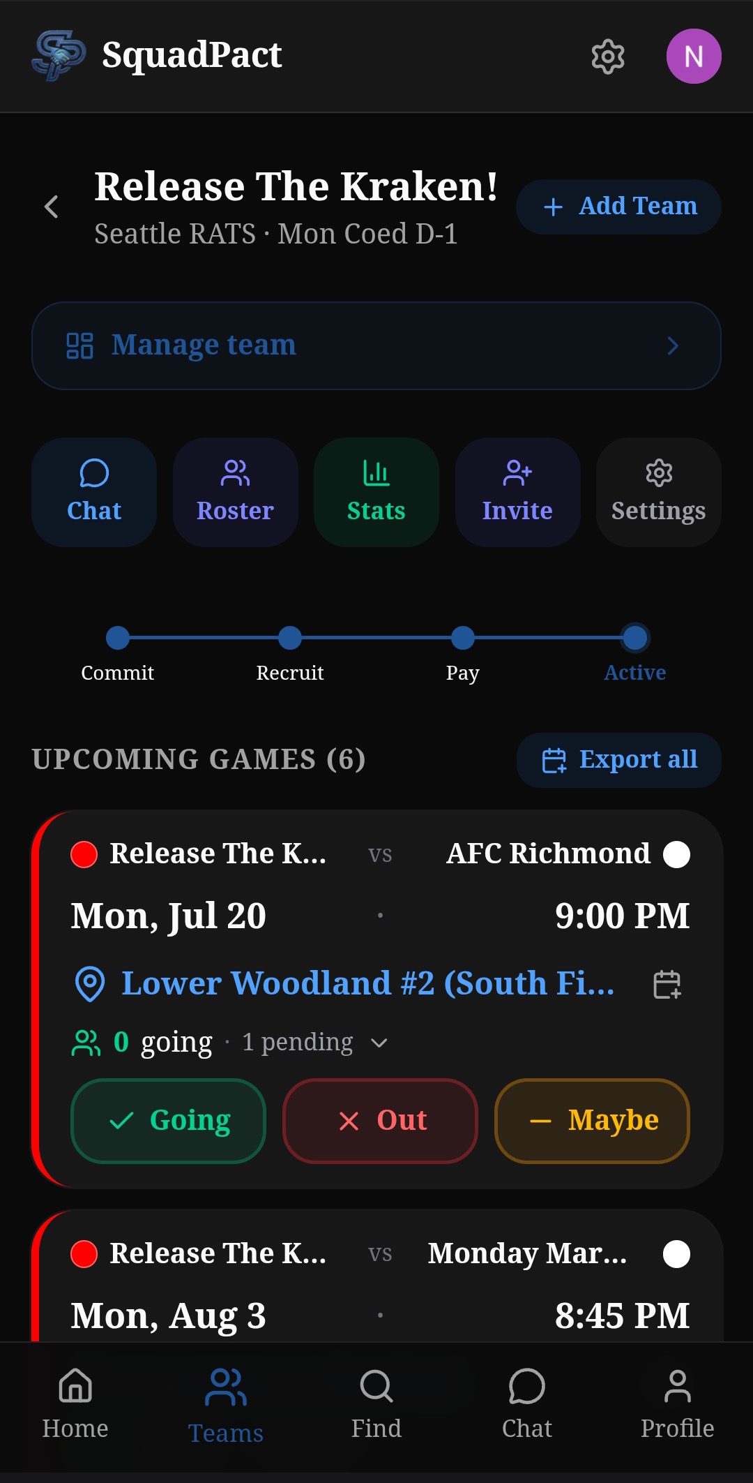 SquadPact team screen with roster and season timeline